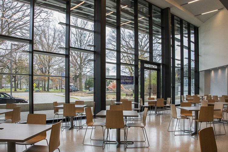 The Origins Café, overlooks Wade Oval and is enclosed in bird-safe glass for spectacular views